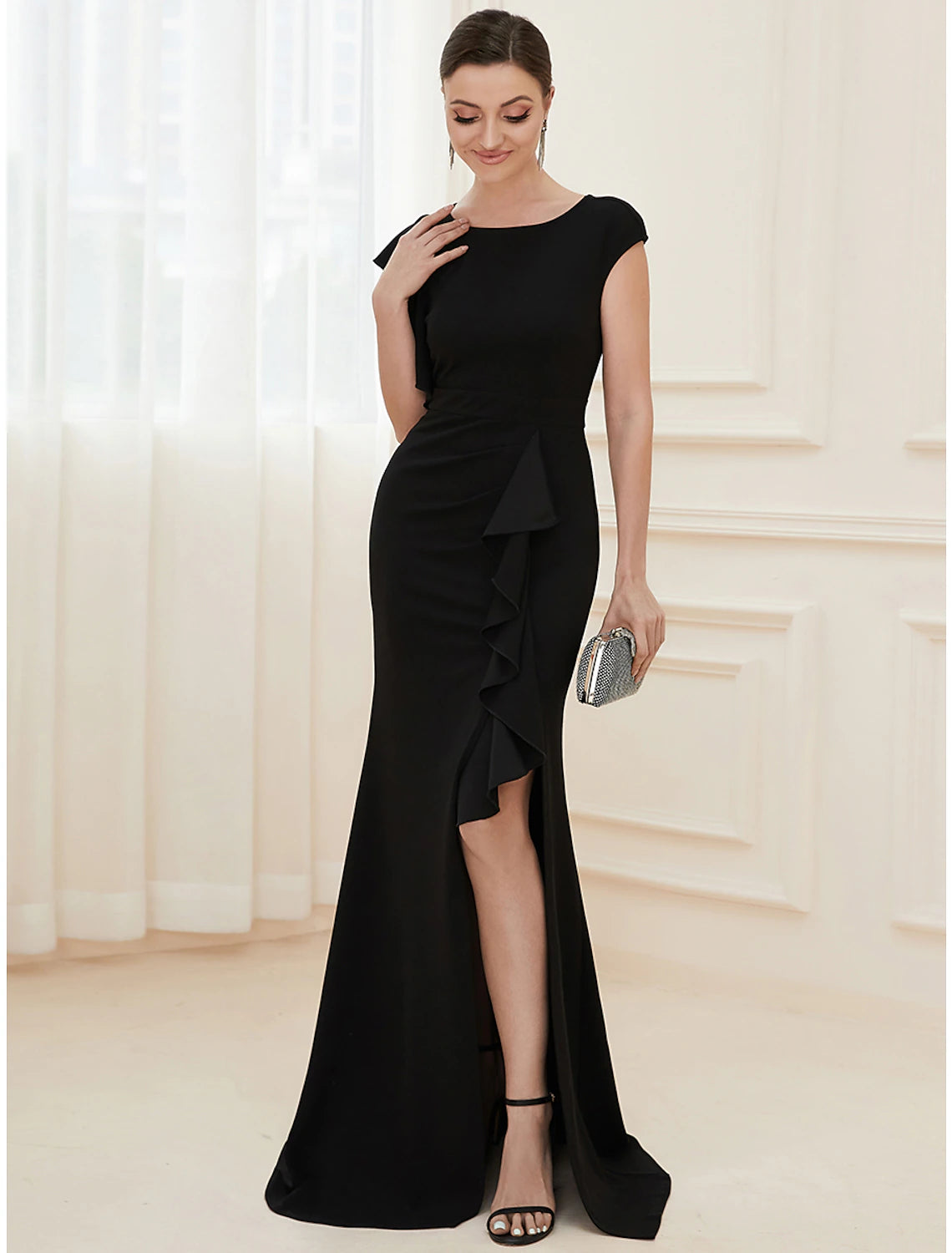 Meerjungfrau/Trompete Abendkleid Vintage Kleid Formal Bodenlang Kurzarm Juwel Hals Nylon mit Rüschen Schlitz